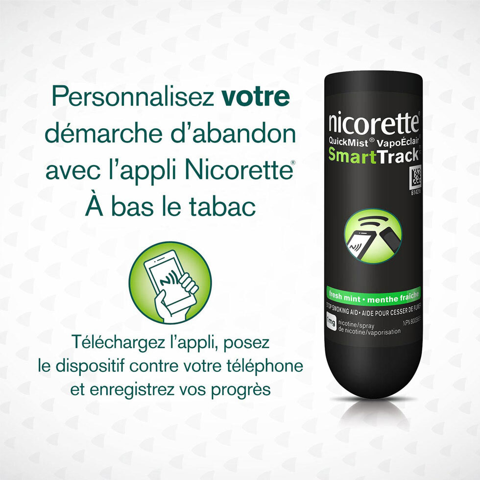 Vaporisateur buccal à la nicotine Nicorette VapoÉclair avec instructions pour télécharger l’appli SmartTrack sur le téléphone