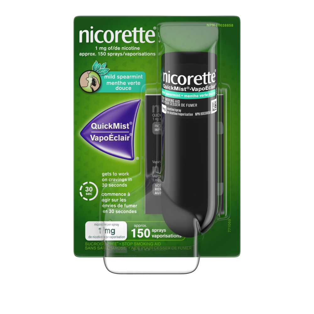 Emballage du vaporisateur buccal de nicotine NICORETTE VapoÉclair® SmartTrackMC, menthe verte douce, 150 vaporisations