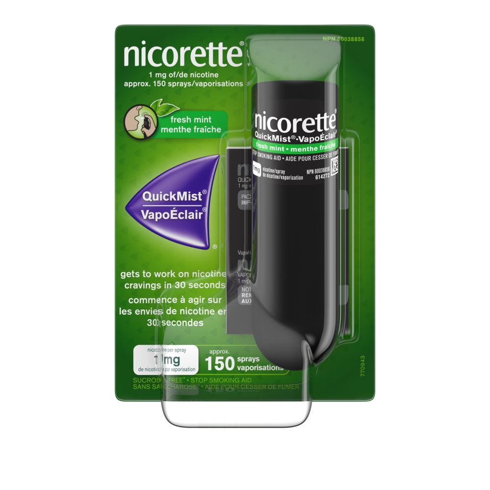 Emballage du vaporisateur buccal de nicotine NICORETTE VapoÉclair® SmartTrackMC, menthe fraîche, 150 vaporisations