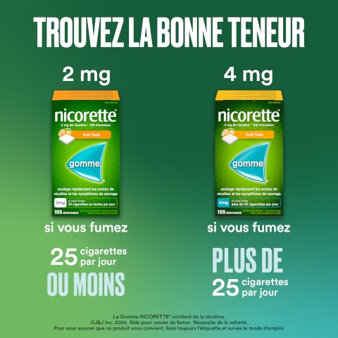 Gomme de Nicotine NICORETTE®, Fruit Frais, en 2mg et 4mg avec une déclaration "Trouvez La Bonne Teneur"